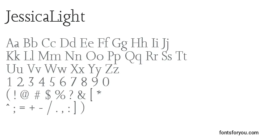 Czcionka JessicaLight – alfabet, cyfry, specjalne znaki