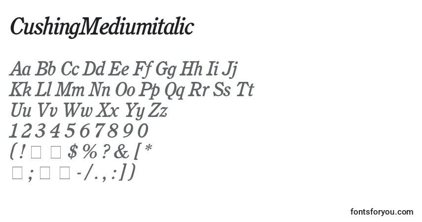 A fonte CushingMediumitalic – alfabeto, números, caracteres especiais
