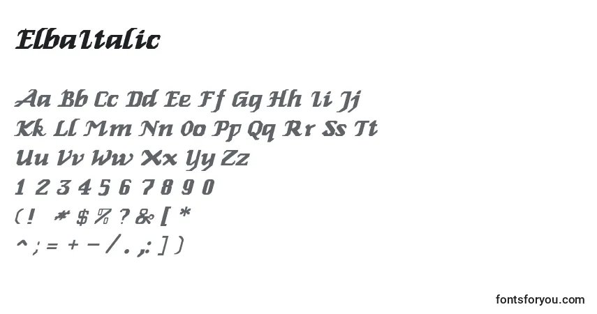 Шрифт ElbaItalic – алфавит, цифры, специальные символы