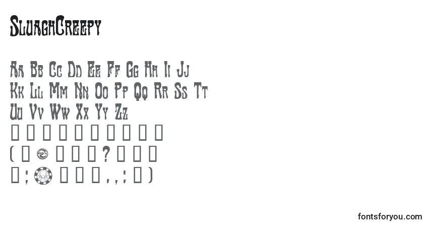 A fonte SluaghCreepy – alfabeto, números, caracteres especiais