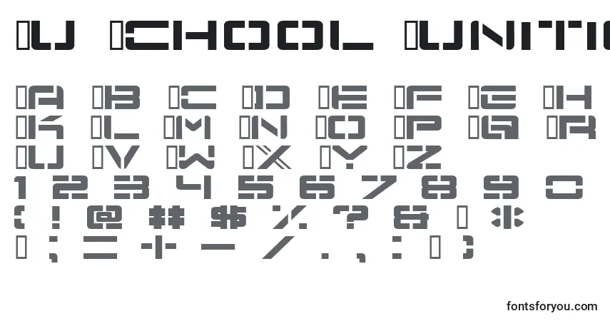 Schriftart Nu School Munitions – Alphabet, Zahlen, spezielle Symbole
