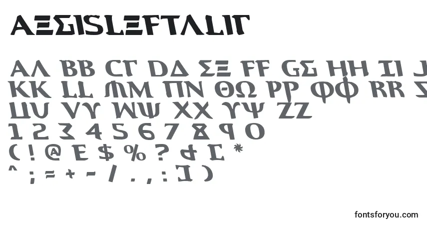 AegisLeftalic-fontti – aakkoset, numerot, erikoismerkit