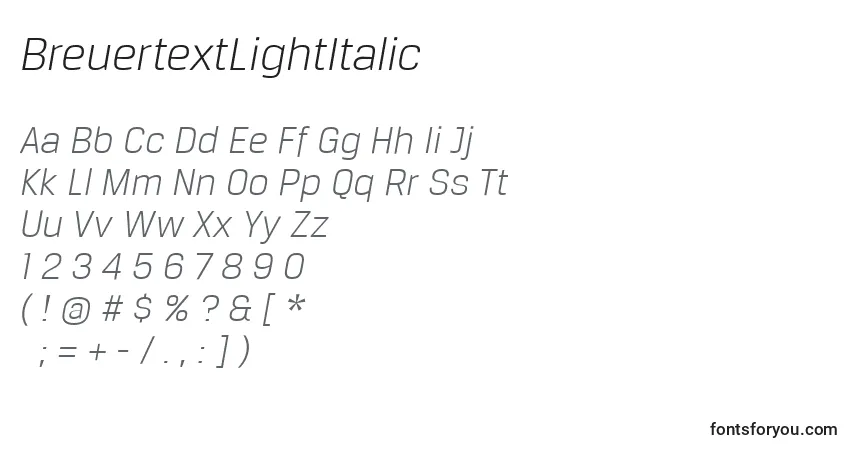 Шрифт BreuertextLightItalic – алфавит, цифры, специальные символы
