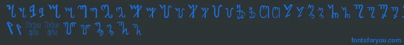 Thebanalphabet-Schriftart – Blaue Schriften auf schwarzem Hintergrund