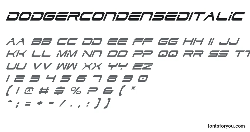 A fonte DodgerCondensedItalic – alfabeto, números, caracteres especiais