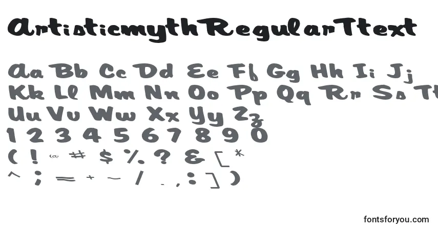 Czcionka ArtisticmythRegularTtext – alfabet, cyfry, specjalne znaki