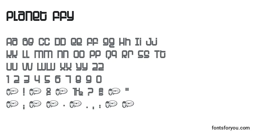 Schriftart Planet ffy – Alphabet, Zahlen, spezielle Symbole