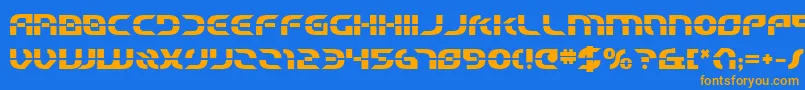 フォントStarfighterBetaBold – オレンジ色の文字が青い背景にあります。