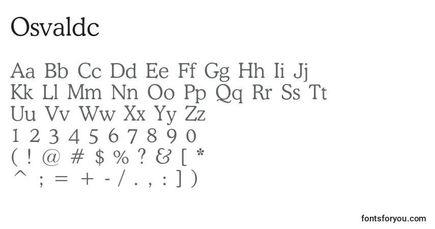A fonte Osvaldc – alfabeto, números, caracteres especiais