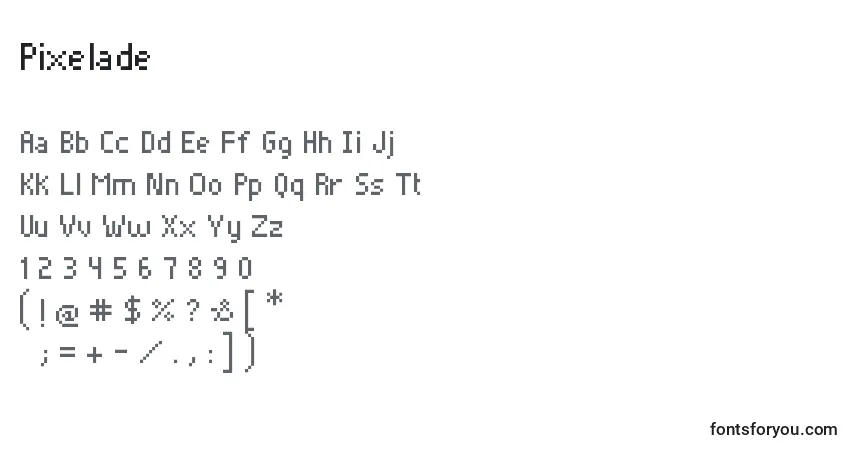 A fonte Pixelade – alfabeto, números, caracteres especiais