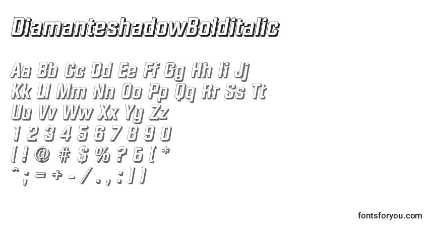 Czcionka DiamanteshadowBolditalic – alfabet, cyfry, specjalne znaki