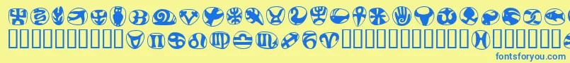 FrutigersymbolsRegular-Schriftart – Blaue Schriften auf gelbem Hintergrund