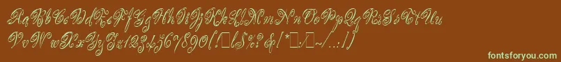 フォントScripteaseLetPlain.1.0 – 緑色の文字が茶色の背景にあります。