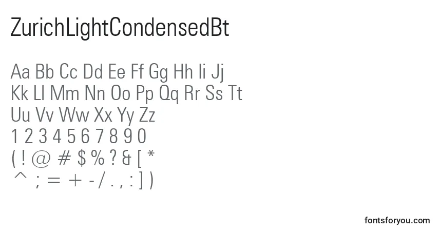 Шрифт ZurichLightCondensedBt – алфавит, цифры, специальные символы