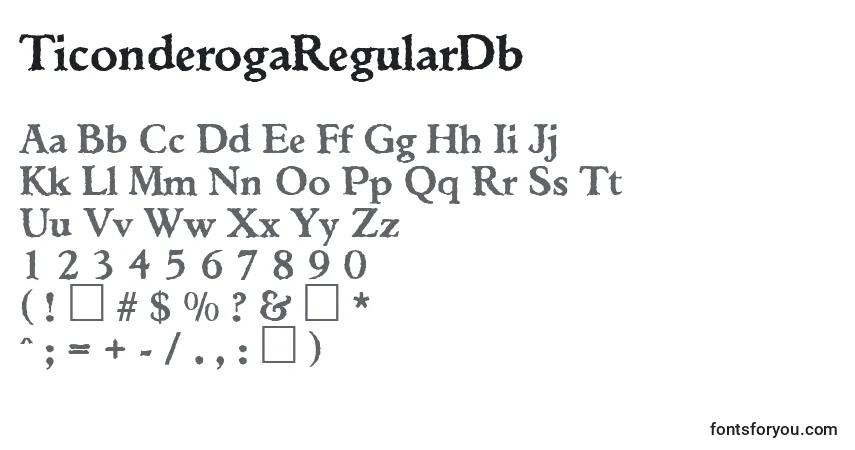 A fonte TiconderogaRegularDb – alfabeto, números, caracteres especiais