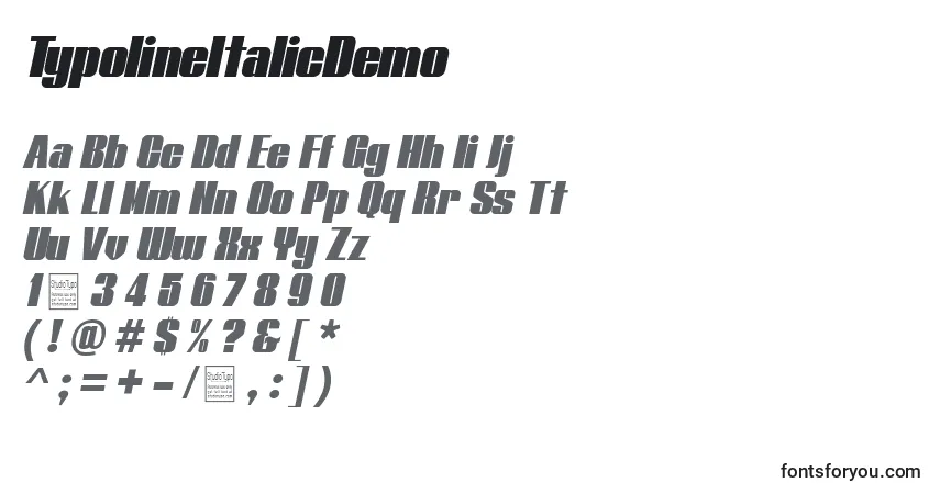 Шрифт TypolineItalicDemo – алфавит, цифры, специальные символы