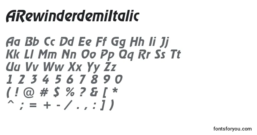 Schriftart ARewinderdemiItalic – Alphabet, Zahlen, spezielle Symbole