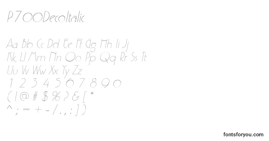 Czcionka P700DecoItalic – alfabet, cyfry, specjalne znaki