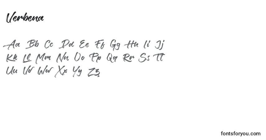 A fonte Verbena – alfabeto, números, caracteres especiais