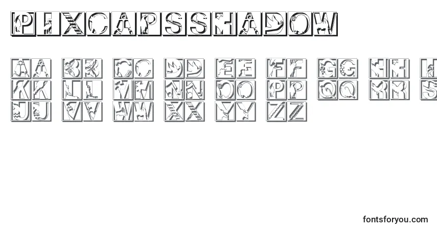 Czcionka Pixcapsshadow – alfabet, cyfry, specjalne znaki