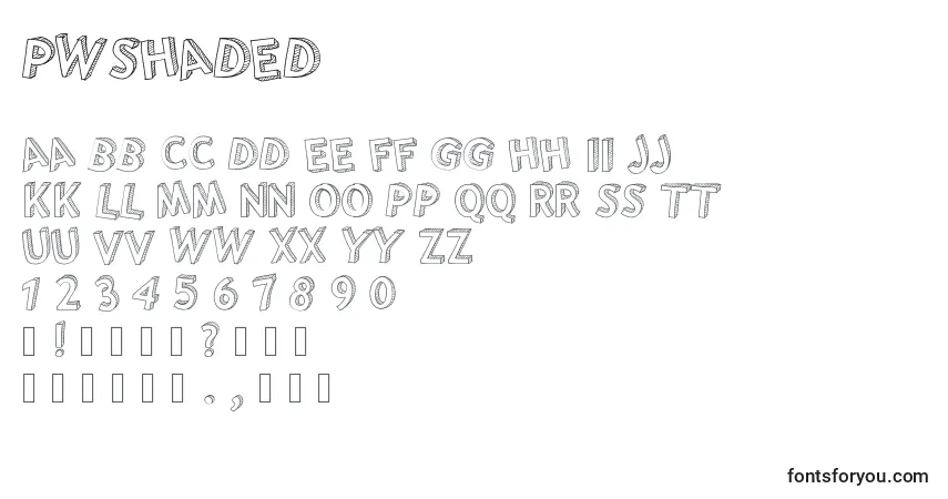 Czcionka Pwshaded – alfabet, cyfry, specjalne znaki