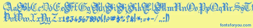 ArgorFlahmScaqh-Schriftart – Blaue Schriften auf gelbem Hintergrund