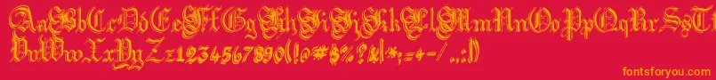 ArgorFlahmScaqh-Schriftart – Orangefarbene Schriften auf rotem Hintergrund