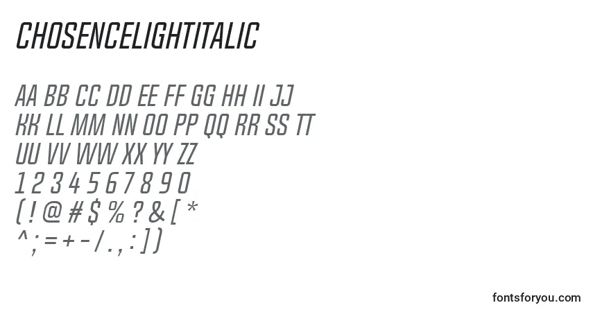 Шрифт ChosenceLightItalic – алфавит, цифры, специальные символы