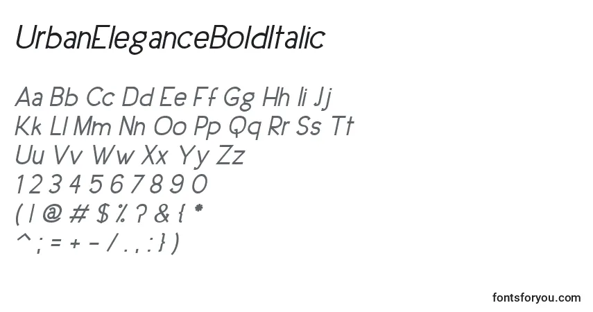 A fonte UrbanEleganceBoldItalic – alfabeto, números, caracteres especiais