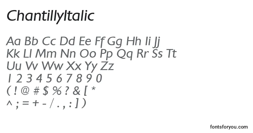 A fonte ChantillyItalic – alfabeto, números, caracteres especiais