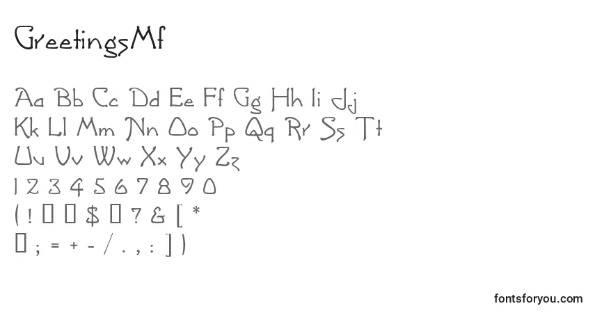 Czcionka GreetingsMf – alfabet, cyfry, specjalne znaki