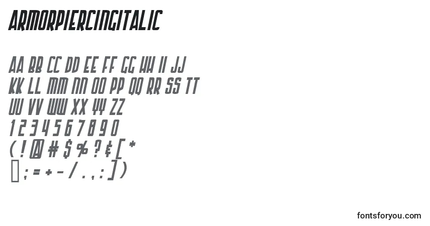 A fonte ArmorPiercingItalic – alfabeto, números, caracteres especiais