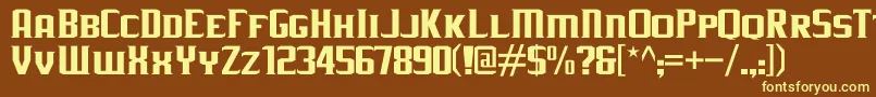 JLogRebellionSerifSmallCaps-fontti – keltaiset fontit ruskealla taustalla