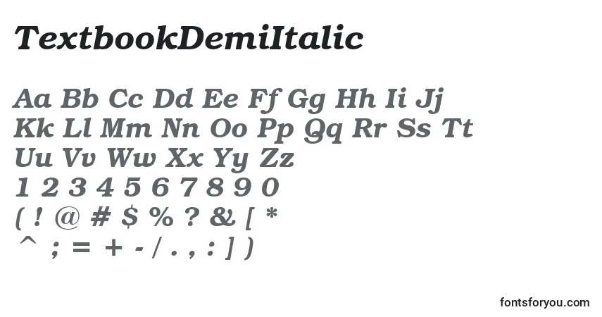 TextbookDemiItalicフォント–アルファベット、数字、特殊文字