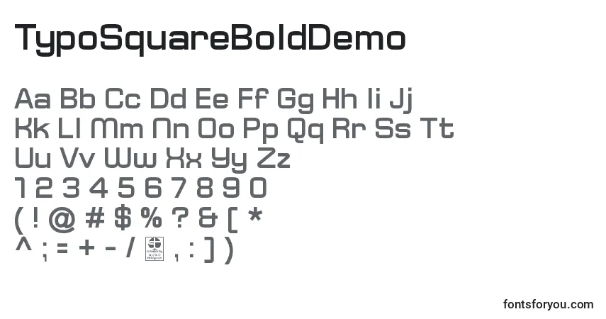 A fonte TypoSquareBoldDemo – alfabeto, números, caracteres especiais