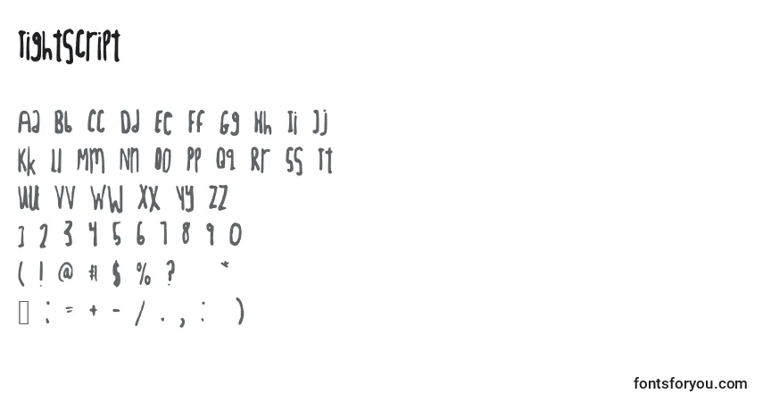 Tightscript-fontti – aakkoset, numerot, erikoismerkit