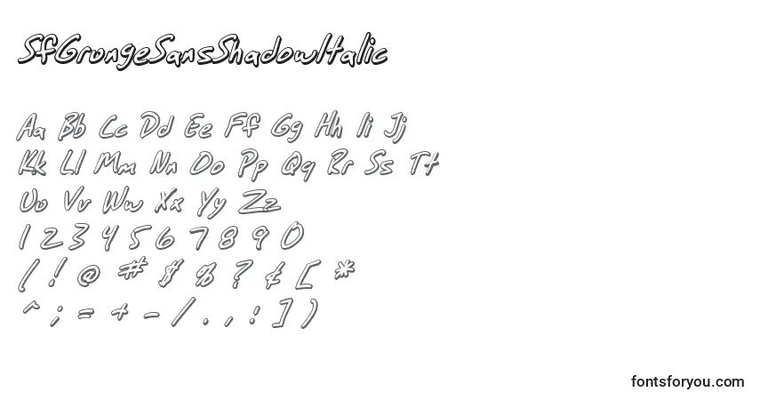 A fonte SfGrungeSansShadowItalic – alfabeto, números, caracteres especiais