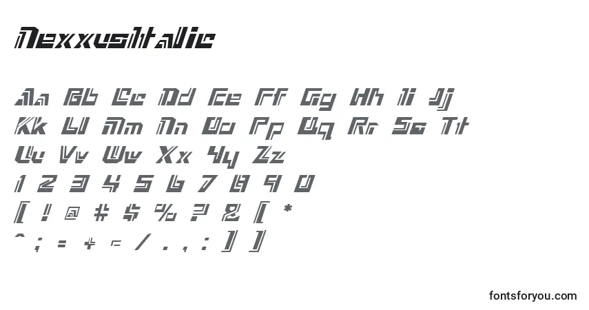 Шрифт NexxusItalic – алфавит, цифры, специальные символы