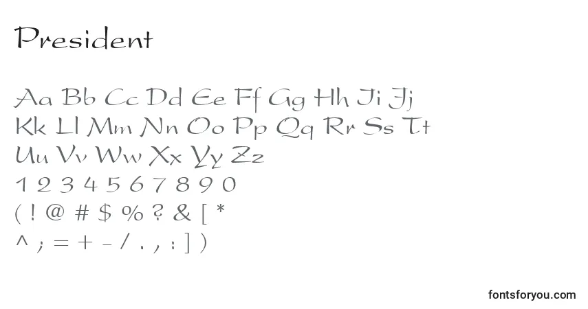 Шрифт President – алфавит, цифры, специальные символы
