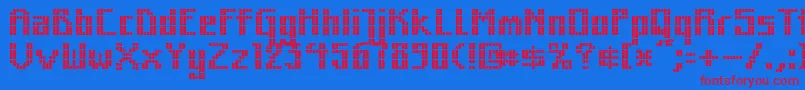 Mkzodsqu-Schriftart – Rote Schriften auf blauem Hintergrund