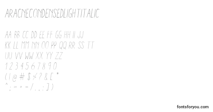 Шрифт AracneCondensedLightItalic (99130) – алфавит, цифры, специальные символы