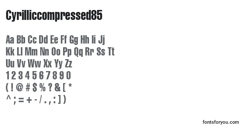 A fonte Cyrilliccompressed85 – alfabeto, números, caracteres especiais