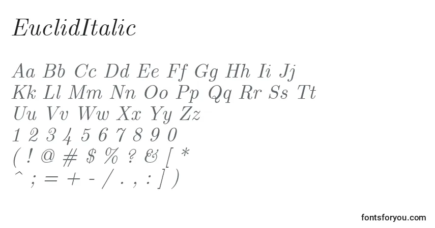 Czcionka EuclidItalic – alfabet, cyfry, specjalne znaki