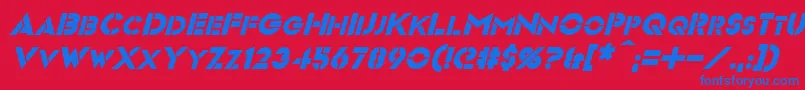 VideopacItalic-Schriftart – Blaue Schriften auf rotem Hintergrund