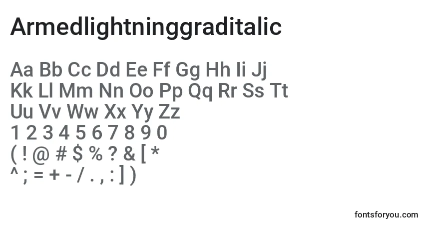 Шрифт Armedlightninggraditalic – алфавит, цифры, специальные символы