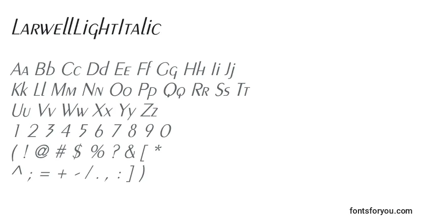 A fonte LarwellLightItalic – alfabeto, números, caracteres especiais