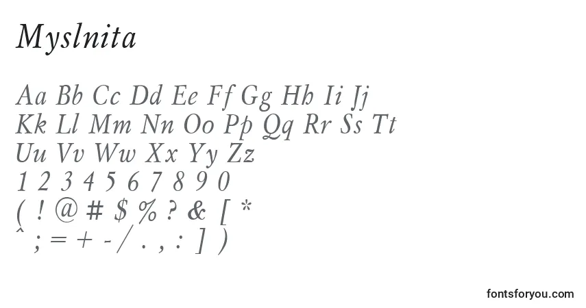 Czcionka Myslnita – alfabet, cyfry, specjalne znaki