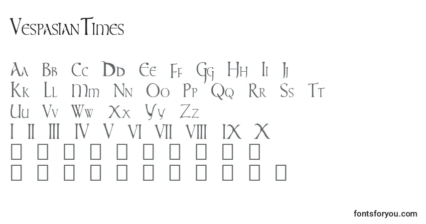 A fonte VespasianTimes – alfabeto, números, caracteres especiais