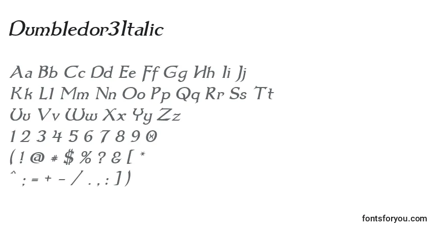 Шрифт Dumbledor3Italic – алфавит, цифры, специальные символы