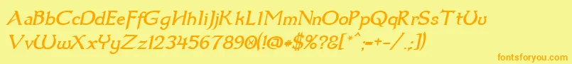 Dumbledor3Italic-Schriftart – Orangefarbene Schriften auf gelbem Hintergrund